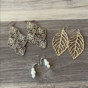 Leaf Earrings, Drop down Pearl Earrings, and Gold Earrings